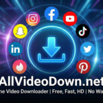 AllVideoDown.net All-in-One Video Downloader feature image with Instagram, Facebook, YouTube and TikTok icons for free HD downloading.