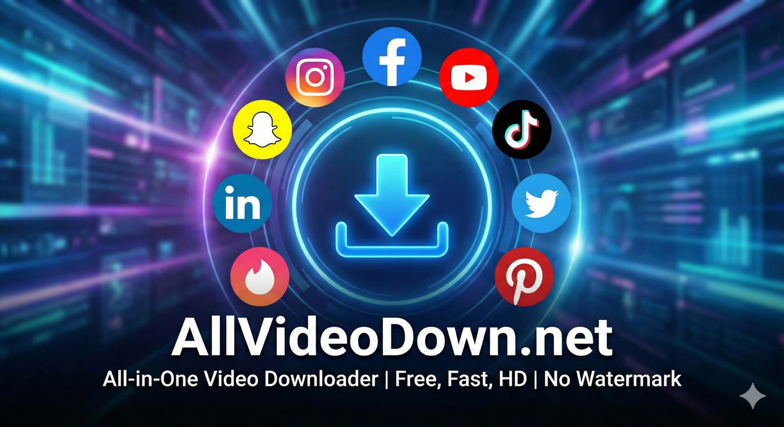 AllVideoDown.net All-in-One Video Downloader feature image with Instagram, Facebook, YouTube and TikTok icons for free HD downloading.